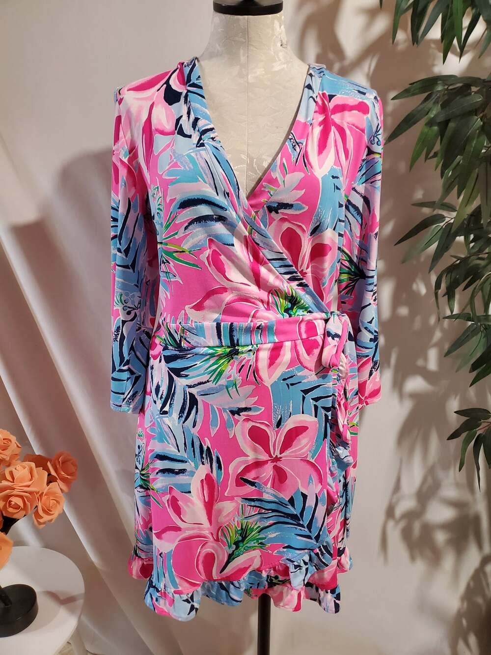 Lilly Pulitzer JessaLynne Wrap Romper Cockatoo Pretty In Pink L Tropical Floral